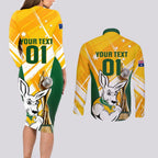 Custom Australia Soccer Couples Matching Long Sleeve Bodycon Dress and Long Sleeve Button Shirt Matildas Kangaroo With World Cup Trophy 2023 Yellow Version