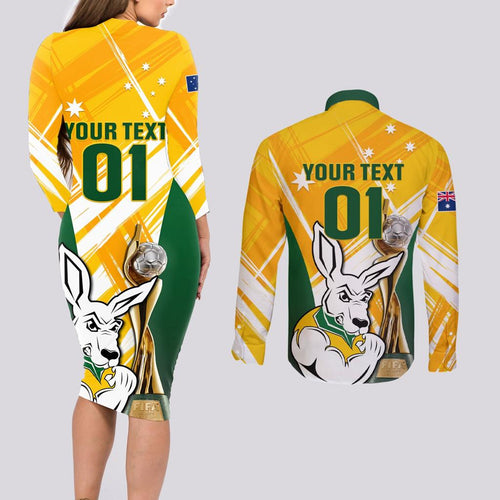 Custom Australia Soccer Couples Matching Long Sleeve Bodycon Dress and Long Sleeve Button Shirt Matildas Kangaroo With World Cup Trophy 2023 Yellow Version