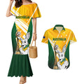 Custom Australia Soccer Couples Matching Mermaid Dress and Hawaiian Shirt Matildas Kangaroo With World Cup Trophy 2023 Yellow Version
