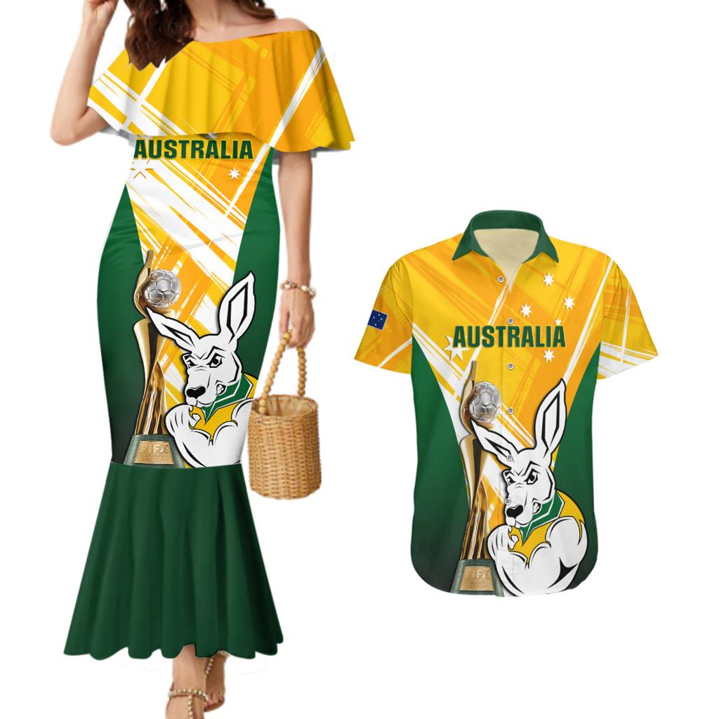 Custom Australia Soccer Couples Matching Mermaid Dress and Hawaiian Shirt Matildas Kangaroo With World Cup Trophy 2023 Yellow Version