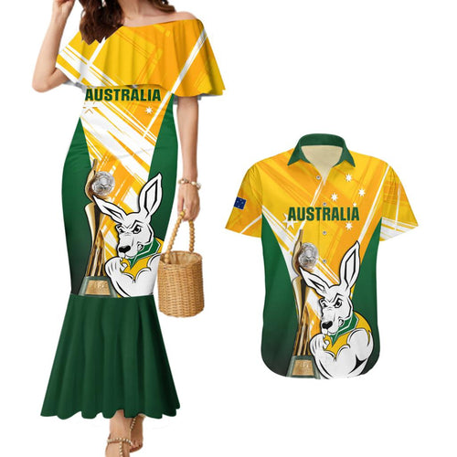 Custom Australia Soccer Couples Matching Mermaid Dress and Hawaiian Shirt Matildas Kangaroo With World Cup Trophy 2023 Yellow Version