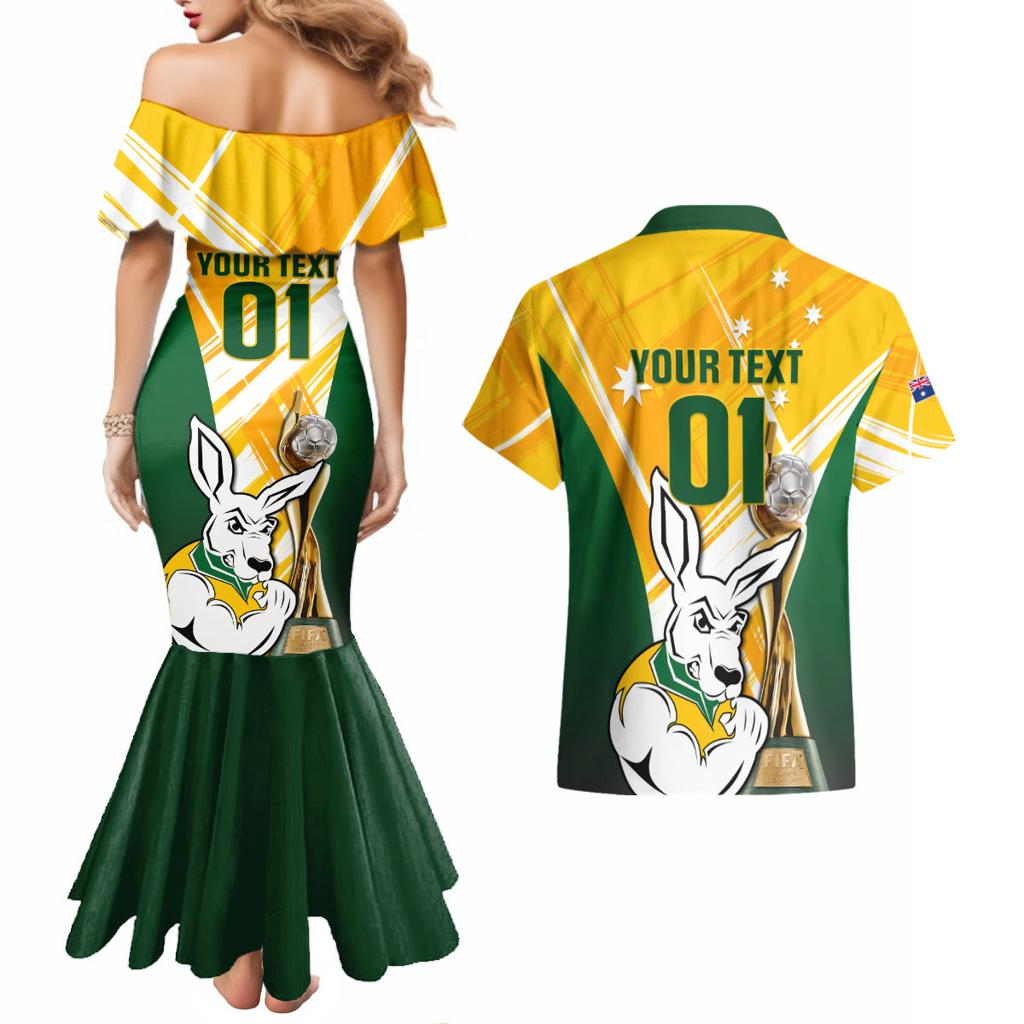Custom Australia Soccer Couples Matching Mermaid Dress and Hawaiian Shirt Matildas Kangaroo With World Cup Trophy 2023 Yellow Version