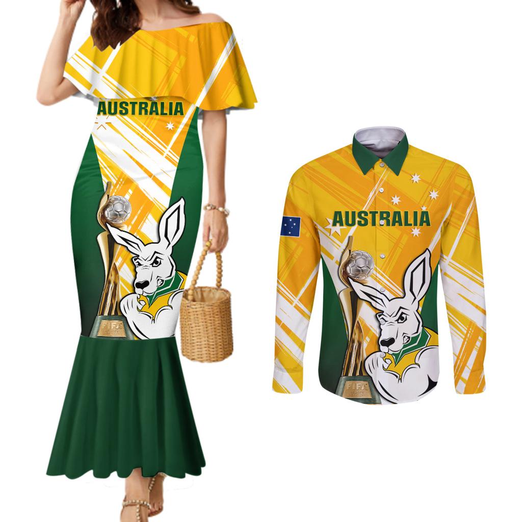 Custom Australia Soccer Couples Matching Mermaid Dress and Long Sleeve Button Shirt Matildas Kangaroo With World Cup Trophy 2023 Yellow Version