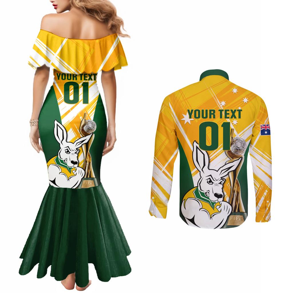 Custom Australia Soccer Couples Matching Mermaid Dress and Long Sleeve Button Shirt Matildas Kangaroo With World Cup Trophy 2023 Yellow Version