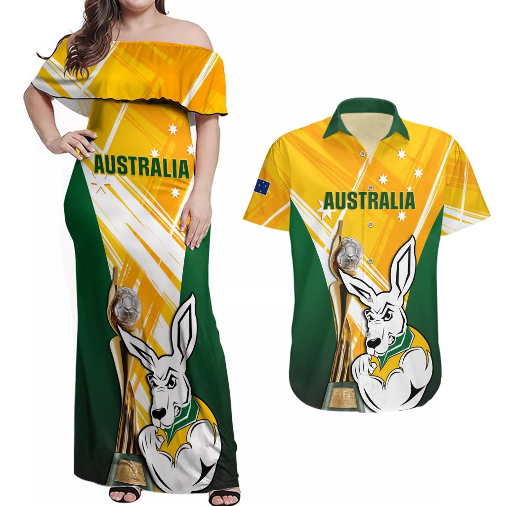 Custom Australia Soccer Couples Matching Off Shoulder Maxi Dress and Hawaiian Shirt Matildas Kangaroo With World Cup Trophy 2023 Yellow Version