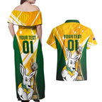 Custom Australia Soccer Couples Matching Off Shoulder Maxi Dress and Hawaiian Shirt Matildas Kangaroo With World Cup Trophy 2023 Yellow Version