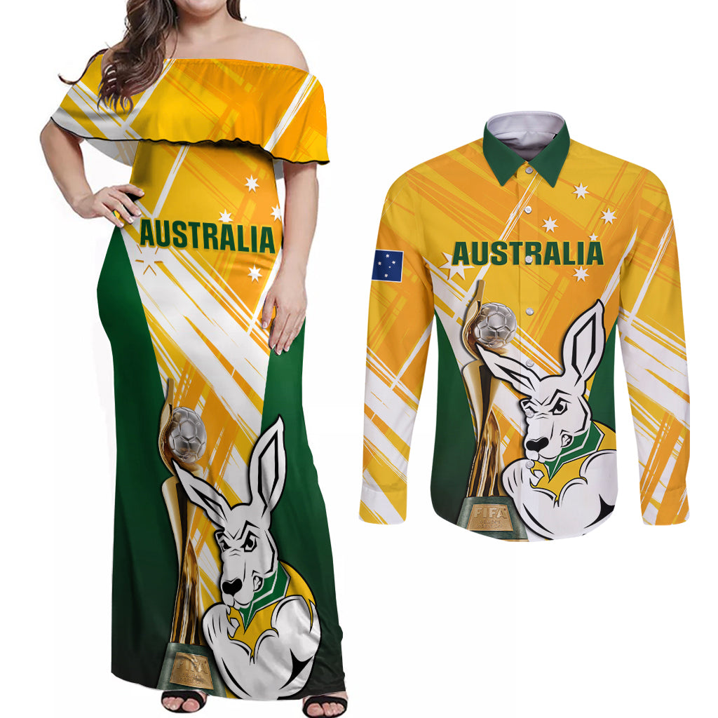 Custom Australia Soccer Couples Matching Off Shoulder Maxi Dress and Long Sleeve Button Shirt Matildas Kangaroo With World Cup Trophy 2023 Yellow Version