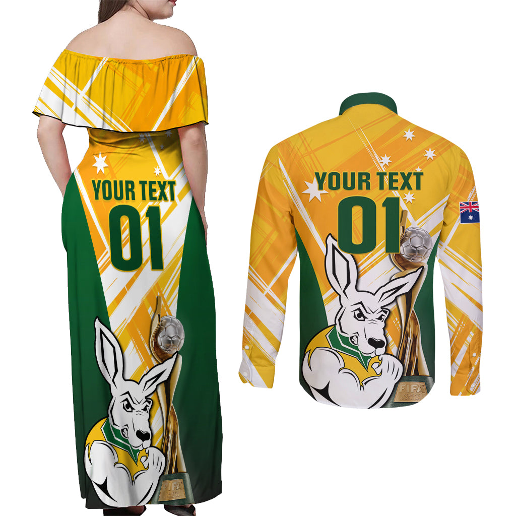Custom Australia Soccer Couples Matching Off Shoulder Maxi Dress and Long Sleeve Button Shirt Matildas Kangaroo With World Cup Trophy 2023 Yellow Version
