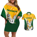 Custom Australia Soccer Couples Matching Off Shoulder Short Dress and Hawaiian Shirt Matildas Kangaroo With World Cup Trophy 2023 Yellow Version
