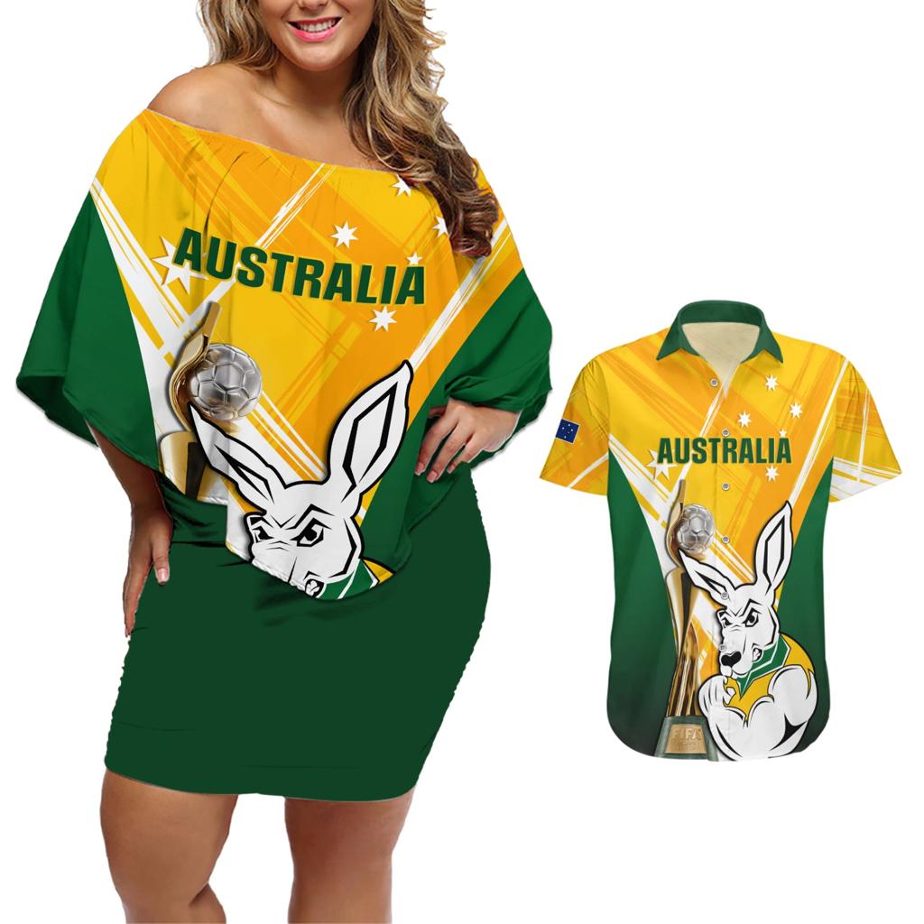 Custom Australia Soccer Couples Matching Off Shoulder Short Dress and Hawaiian Shirt Matildas Kangaroo With World Cup Trophy 2023 Yellow Version