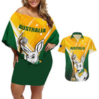 Custom Australia Soccer Couples Matching Off Shoulder Short Dress and Hawaiian Shirt Matildas Kangaroo With World Cup Trophy 2023 Yellow Version