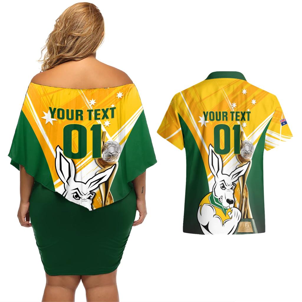 Custom Australia Soccer Couples Matching Off Shoulder Short Dress and Hawaiian Shirt Matildas Kangaroo With World Cup Trophy 2023 Yellow Version