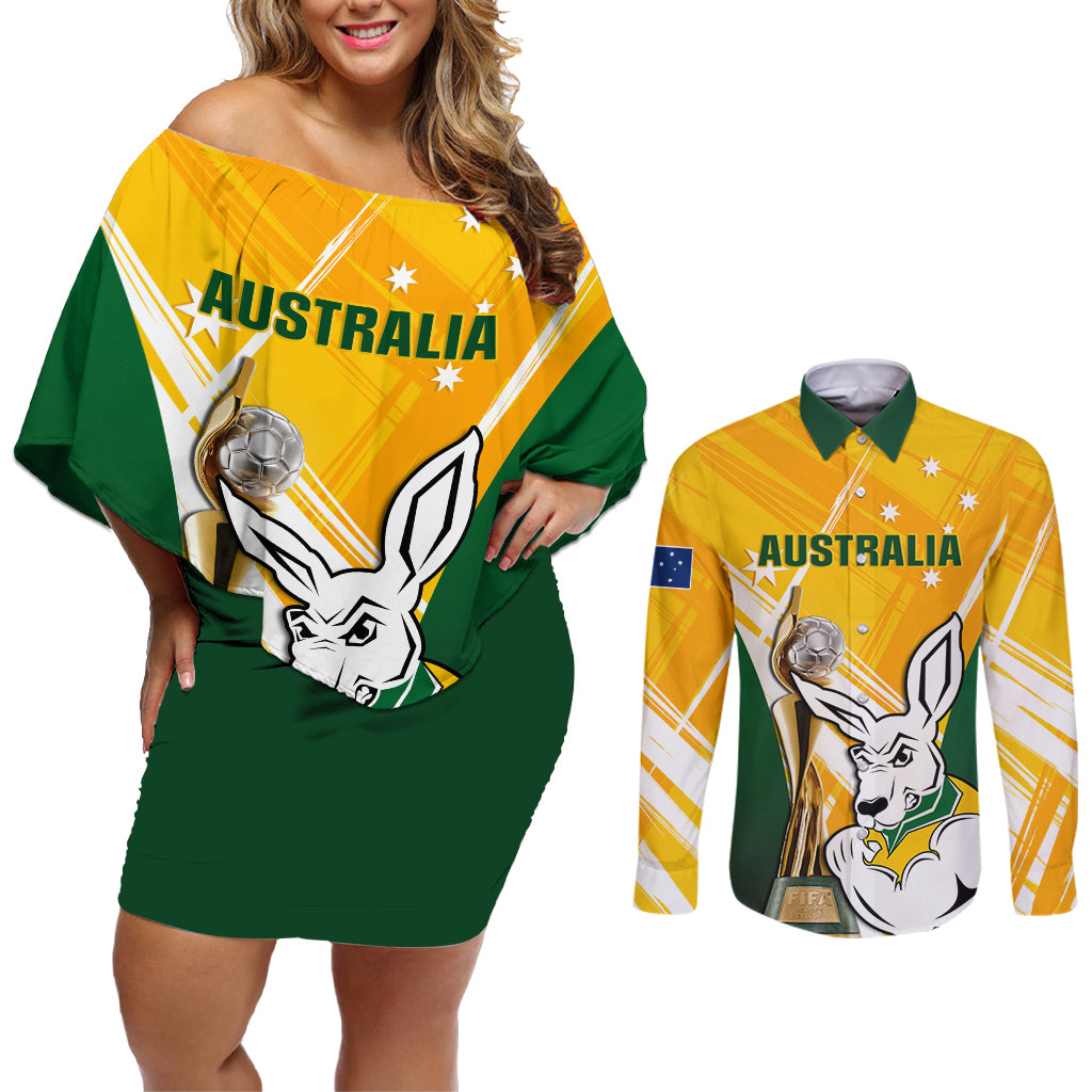 Custom Australia Soccer Couples Matching Off Shoulder Short Dress and Long Sleeve Button Shirt Matildas Kangaroo With World Cup Trophy 2023 Yellow Version