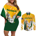 Custom Australia Soccer Couples Matching Off Shoulder Short Dress and Long Sleeve Button Shirt Matildas Kangaroo With World Cup Trophy 2023 Yellow Version