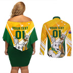 Custom Australia Soccer Couples Matching Off Shoulder Short Dress and Long Sleeve Button Shirt Matildas Kangaroo With World Cup Trophy 2023 Yellow Version