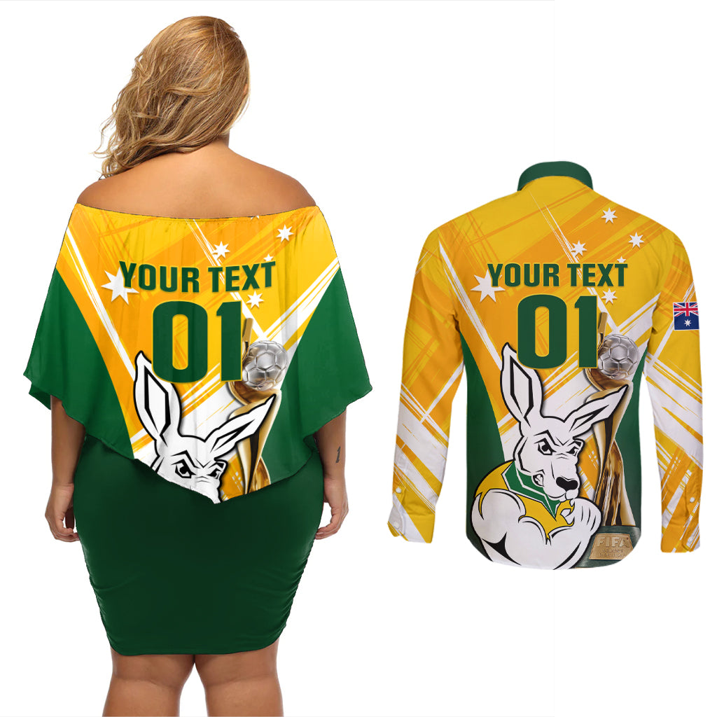 Custom Australia Soccer Couples Matching Off Shoulder Short Dress and Long Sleeve Button Shirt Matildas Kangaroo With World Cup Trophy 2023 Yellow Version