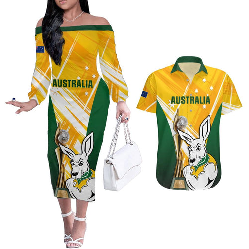 Custom Australia Soccer Couples Matching Off The Shoulder Long Sleeve Dress and Hawaiian Shirt Matildas Kangaroo With World Cup Trophy 2023 Yellow Version