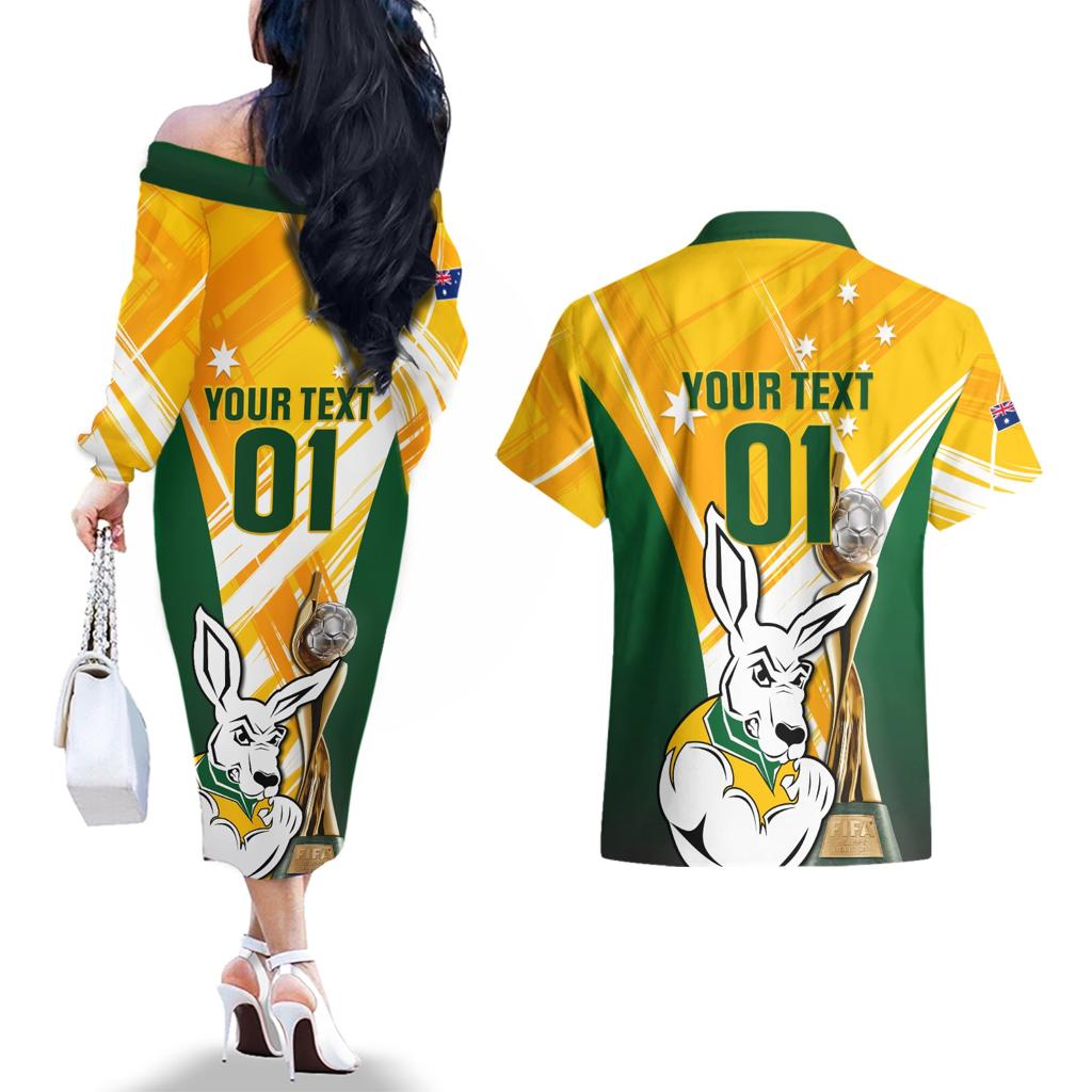 Custom Australia Soccer Couples Matching Off The Shoulder Long Sleeve Dress and Hawaiian Shirt Matildas Kangaroo With World Cup Trophy 2023 Yellow Version