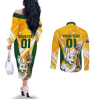 Custom Australia Soccer Couples Matching Off The Shoulder Long Sleeve Dress and Long Sleeve Button Shirt Matildas Kangaroo With World Cup Trophy 2023 Yellow Version