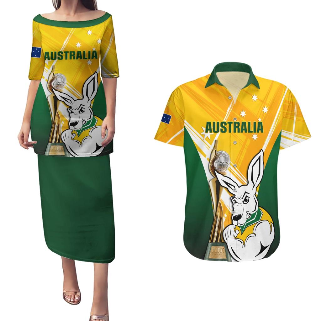 Custom Australia Soccer Couples Matching Puletasi and Hawaiian Shirt Matildas Kangaroo With World Cup Trophy 2023 Yellow Version