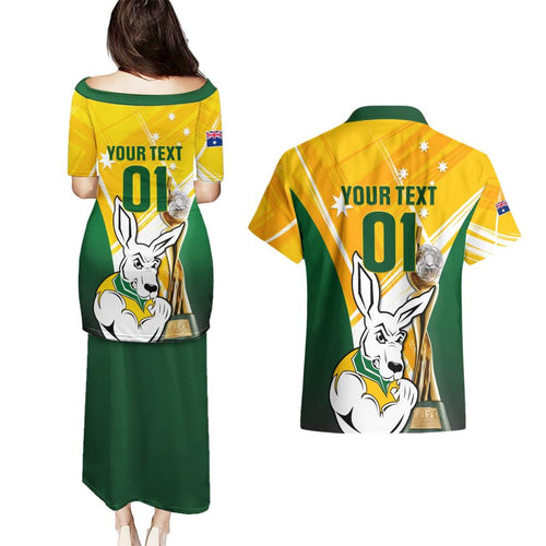 Custom Australia Soccer Couples Matching Puletasi and Hawaiian Shirt Matildas Kangaroo With World Cup Trophy 2023 Yellow Version