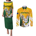Custom Australia Soccer Couples Matching Puletasi and Long Sleeve Button Shirt Matildas Kangaroo With World Cup Trophy 2023 Yellow Version