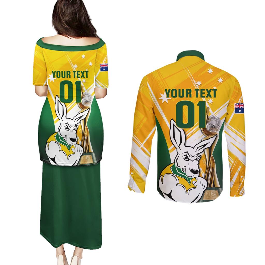 Custom Australia Soccer Couples Matching Puletasi and Long Sleeve Button Shirt Matildas Kangaroo With World Cup Trophy 2023 Yellow Version