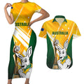 Custom Australia Soccer Couples Matching Short Sleeve Bodycon Dress and Hawaiian Shirt Matildas Kangaroo With World Cup Trophy 2023 Yellow Version