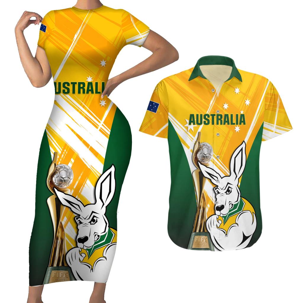 Custom Australia Soccer Couples Matching Short Sleeve Bodycon Dress and Hawaiian Shirt Matildas Kangaroo With World Cup Trophy 2023 Yellow Version