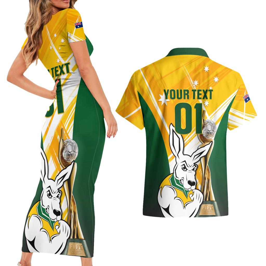 Custom Australia Soccer Couples Matching Short Sleeve Bodycon Dress and Hawaiian Shirt Matildas Kangaroo With World Cup Trophy 2023 Yellow Version