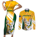 Custom Australia Soccer Couples Matching Short Sleeve Bodycon Dress and Long Sleeve Button Shirt Matildas Kangaroo With World Cup Trophy 2023 Yellow Version
