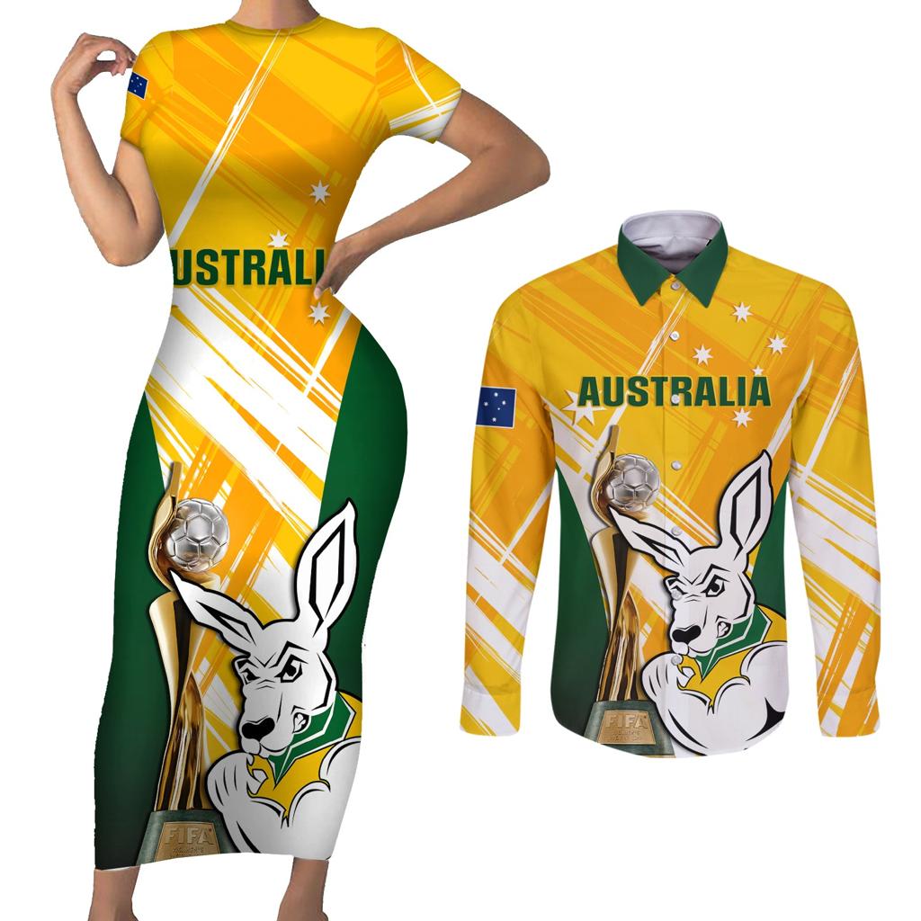 Custom Australia Soccer Couples Matching Short Sleeve Bodycon Dress and Long Sleeve Button Shirt Matildas Kangaroo With World Cup Trophy 2023 Yellow Version