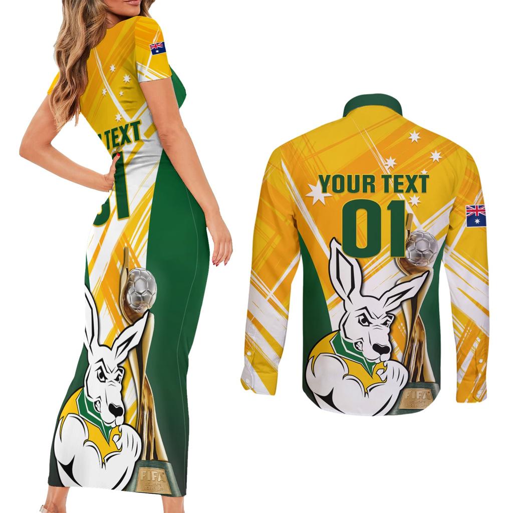 Custom Australia Soccer Couples Matching Short Sleeve Bodycon Dress and Long Sleeve Button Shirt Matildas Kangaroo With World Cup Trophy 2023 Yellow Version