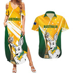 Custom Australia Soccer Couples Matching Summer Maxi Dress and Hawaiian Shirt Matildas Kangaroo With World Cup Trophy 2023 Yellow Version