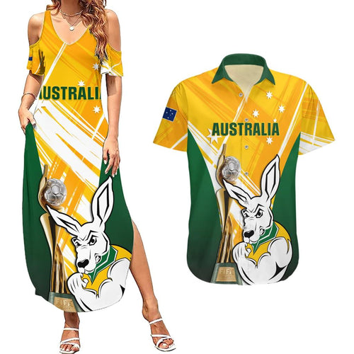 Custom Australia Soccer Couples Matching Summer Maxi Dress and Hawaiian Shirt Matildas Kangaroo With World Cup Trophy 2023 Yellow Version
