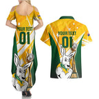 Custom Australia Soccer Couples Matching Summer Maxi Dress and Hawaiian Shirt Matildas Kangaroo With World Cup Trophy 2023 Yellow Version