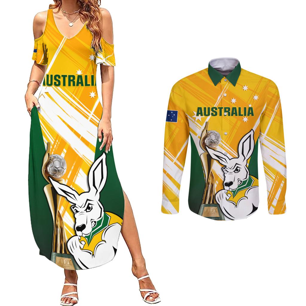 Custom Australia Soccer Couples Matching Summer Maxi Dress and Long Sleeve Button Shirt Matildas Kangaroo With World Cup Trophy 2023 Yellow Version