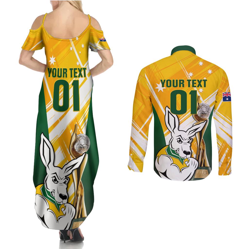 Custom Australia Soccer Couples Matching Summer Maxi Dress and Long Sleeve Button Shirt Matildas Kangaroo With World Cup Trophy 2023 Yellow Version