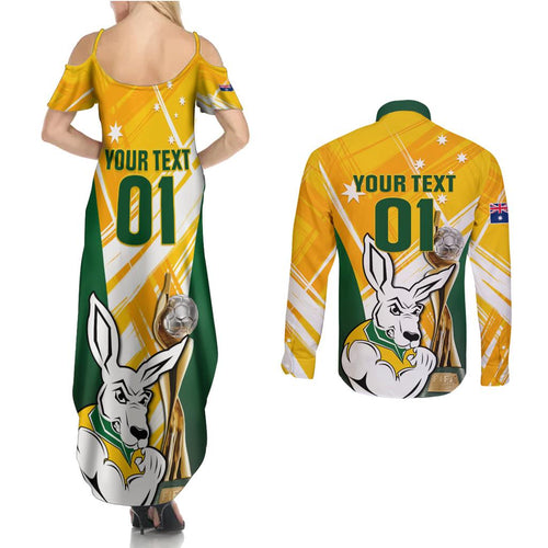 Custom Australia Soccer Couples Matching Summer Maxi Dress and Long Sleeve Button Shirt Matildas Kangaroo With World Cup Trophy 2023 Yellow Version