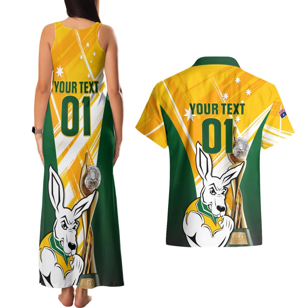 Custom Australia Soccer Couples Matching Tank Maxi Dress and Hawaiian Shirt Matildas Kangaroo With World Cup Trophy 2023 Yellow Version