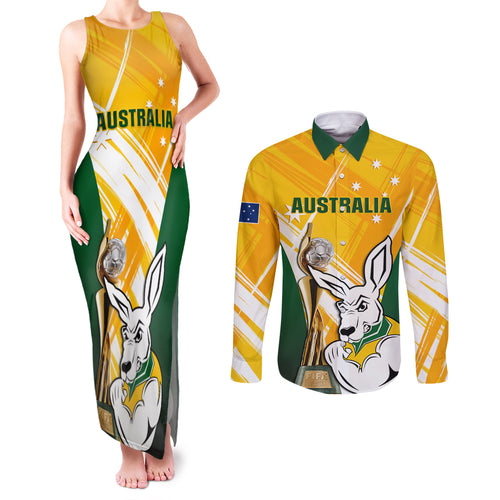 Custom Australia Soccer Couples Matching Tank Maxi Dress and Long Sleeve Button Shirt Matildas Kangaroo With World Cup Trophy 2023 Yellow Version