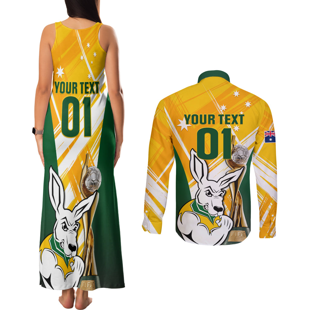 Custom Australia Soccer Couples Matching Tank Maxi Dress and Long Sleeve Button Shirt Matildas Kangaroo With World Cup Trophy 2023 Yellow Version