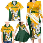 Custom Australia Soccer Family Matching Long Sleeve Bodycon Dress and Hawaiian Shirt Matildas Kangaroo With World Cup Trophy 2023 Yellow Version