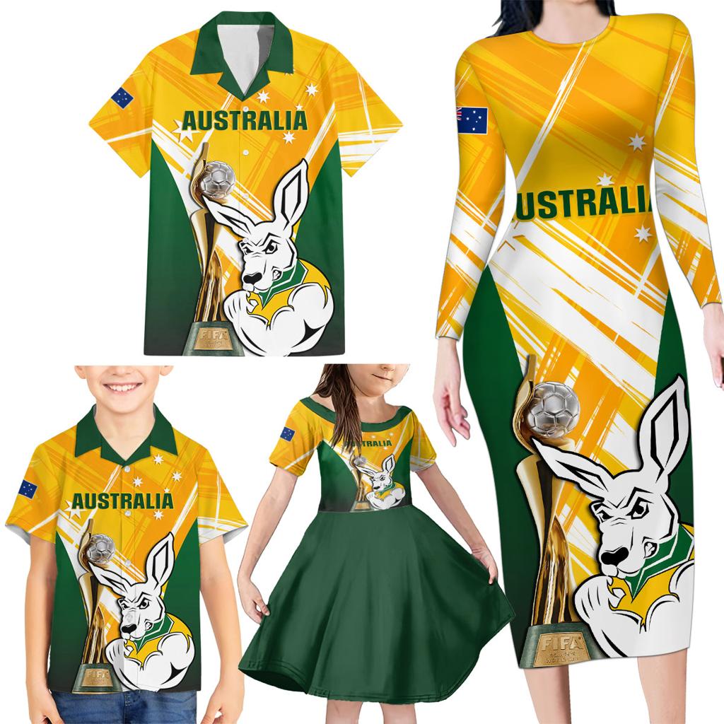 Custom Australia Soccer Family Matching Long Sleeve Bodycon Dress and Hawaiian Shirt Matildas Kangaroo With World Cup Trophy 2023 Yellow Version
