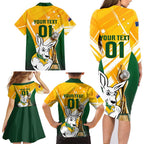 Custom Australia Soccer Family Matching Long Sleeve Bodycon Dress and Hawaiian Shirt Matildas Kangaroo With World Cup Trophy 2023 Yellow Version
