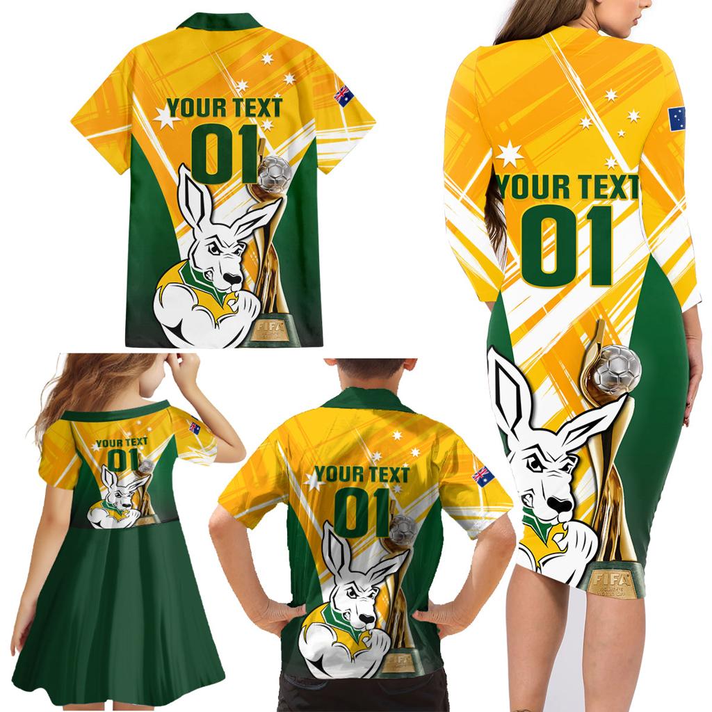 Custom Australia Soccer Family Matching Long Sleeve Bodycon Dress and Hawaiian Shirt Matildas Kangaroo With World Cup Trophy 2023 Yellow Version