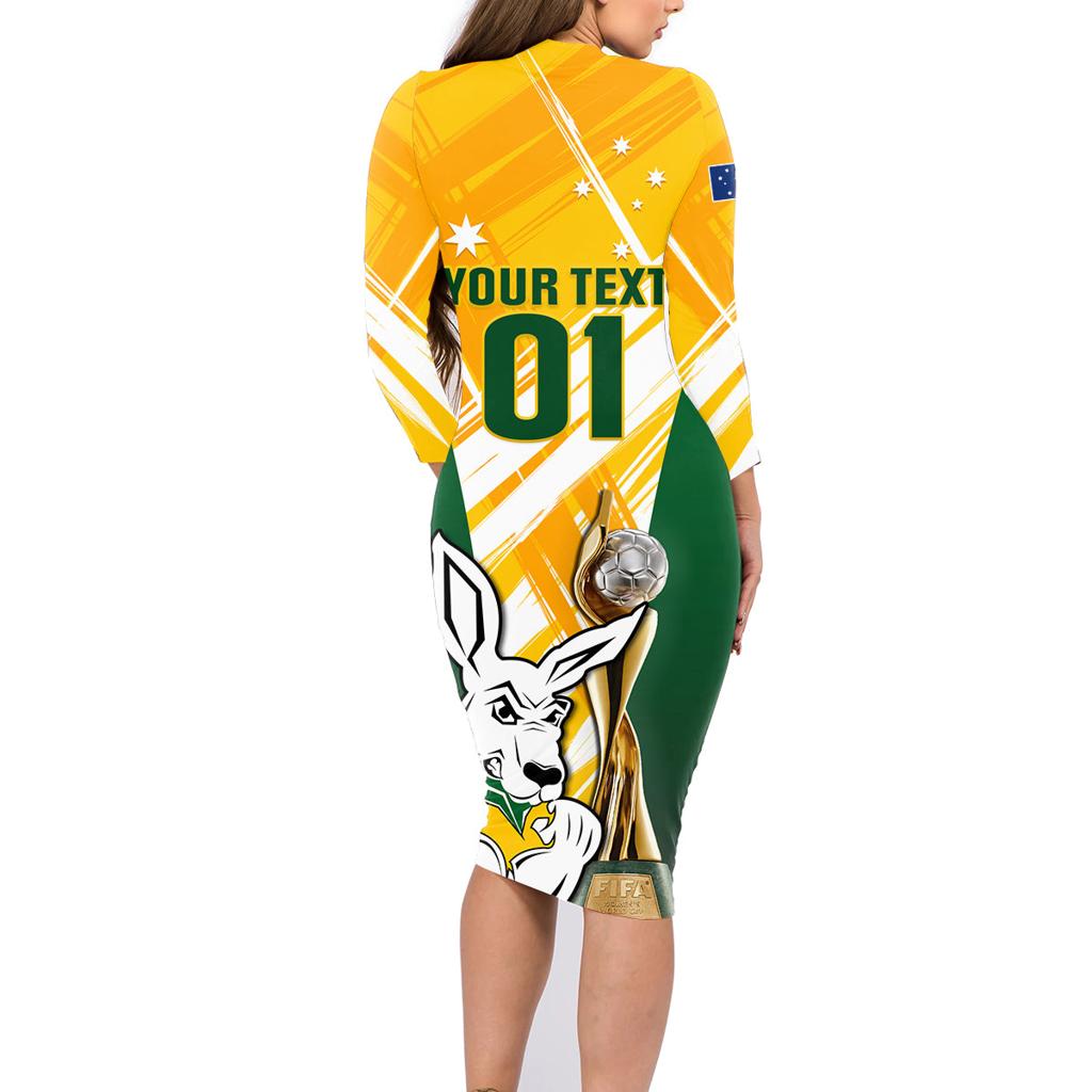 Custom Australia Soccer Family Matching Long Sleeve Bodycon Dress and Hawaiian Shirt Matildas Kangaroo With World Cup Trophy 2023 Yellow Version