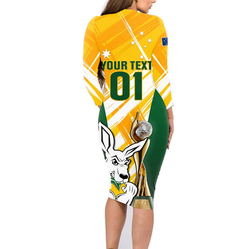 Custom Australia Soccer Family Matching Long Sleeve Bodycon Dress and Hawaiian Shirt Matildas Kangaroo With World Cup Trophy 2023 Yellow Version