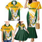 Custom Australia Soccer Family Matching Mermaid Dress and Hawaiian Shirt Matildas Kangaroo With World Cup Trophy 2023 Yellow Version