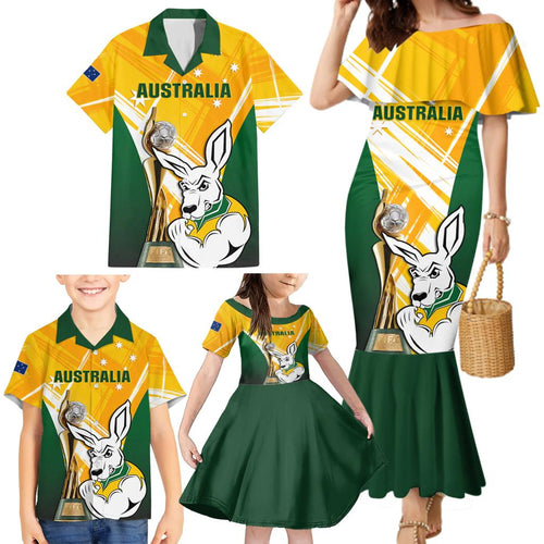 Custom Australia Soccer Family Matching Mermaid Dress and Hawaiian Shirt Matildas Kangaroo With World Cup Trophy 2023 Yellow Version